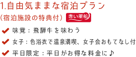 自由気ままな宿泊プラン 味覚:飛騨牛を味わう 女子:色浴衣で温泉満喫、女子会おもてなし付 平日限定:平日がお得な料金に